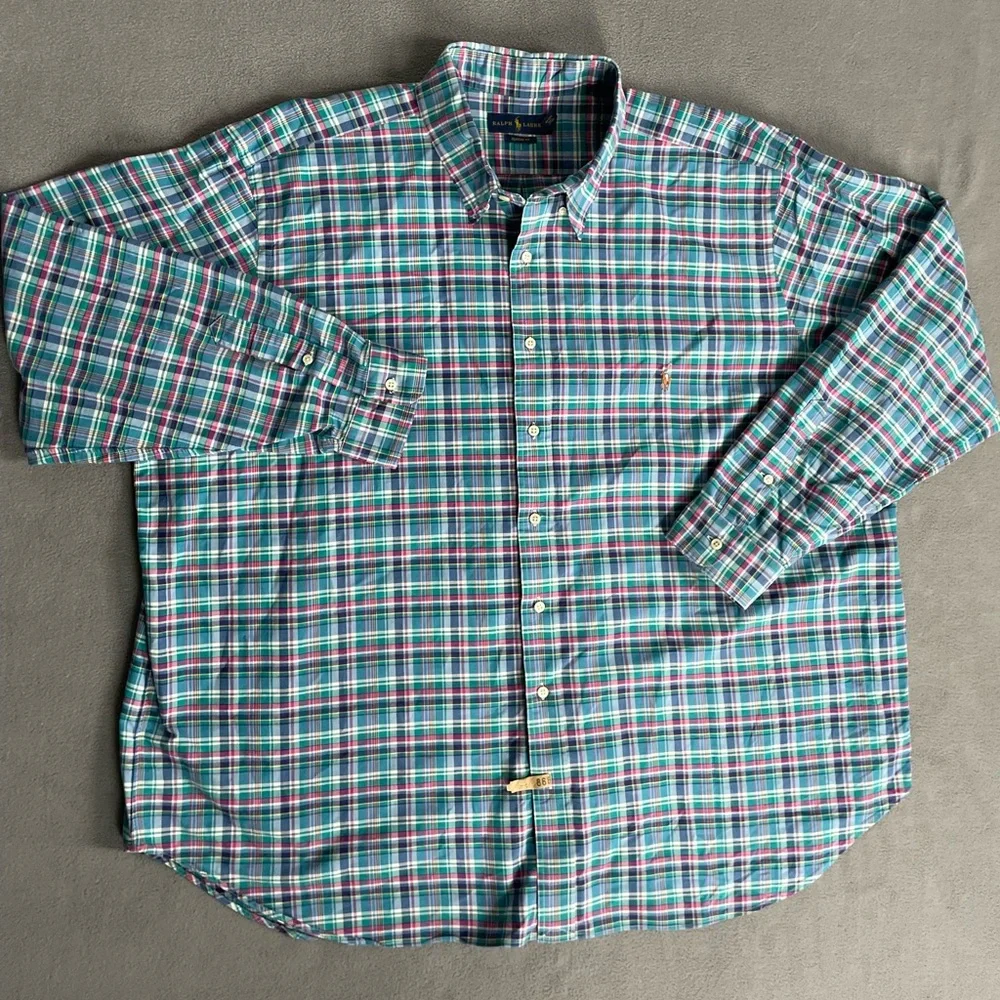 Ralph Lauren Men's Blue Green plaid button down sz 3xB classic fit flesh pony - Picture 3 of 10